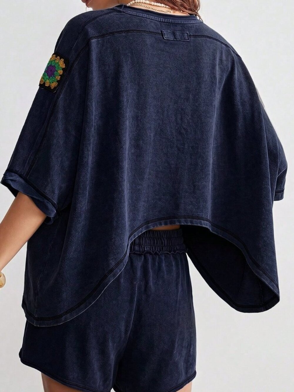 Navy Blue Casual Women's Knit Round Neck Loose Short Sleeve T-Shirt & Shorts - Picture 3 of 10